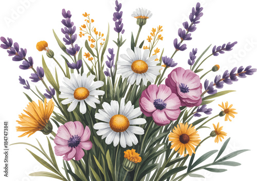 Mixed wildflowers bouquet with lavender sprigs, loose watercolor strokes, transparent background