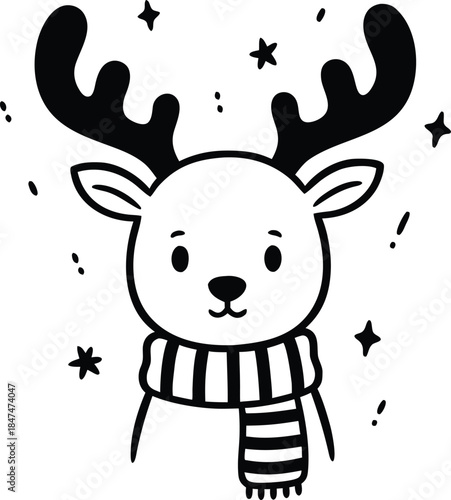 A cartoon reindeer wearing a striped scarf surrounded by stars in a winter scene illustration