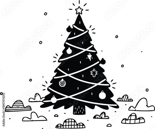 A festive black and white illustration of a decorated Christmas tree surrounded by snow-covered hills and a star shining brightly at the top.