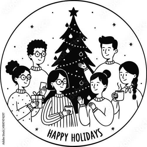 Group of friends celebrating holidays around a decorated Christmas tree in a circular frame with festive illustrations and gifts