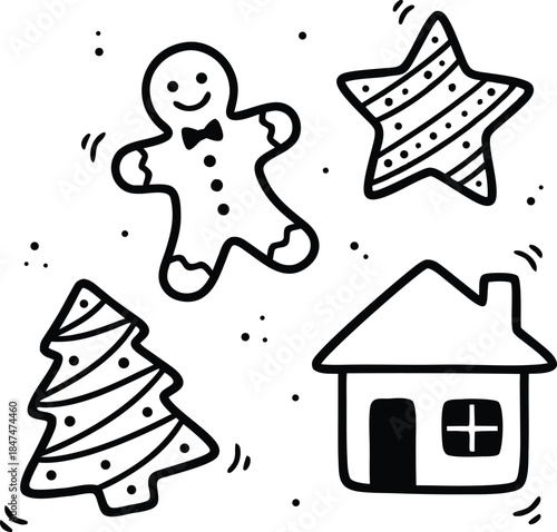 A whimsical illustration featuring a gingerbread man, star, tree, and house together