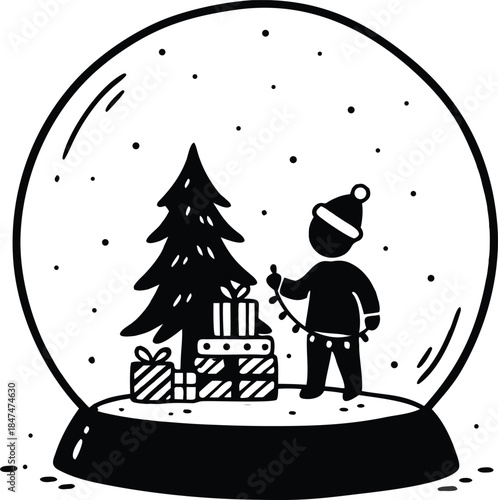 A person decorating a snow globe with a Christmas tree and gifts inside