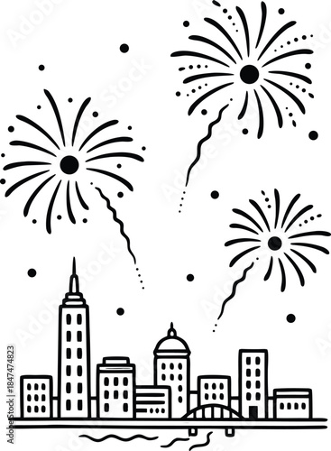 Cityscape with fireworks exploding over buildings at night