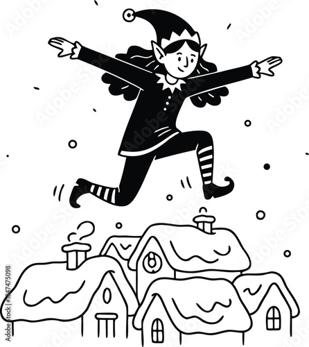 A young elf jumping over snowy rooftops on a winter night