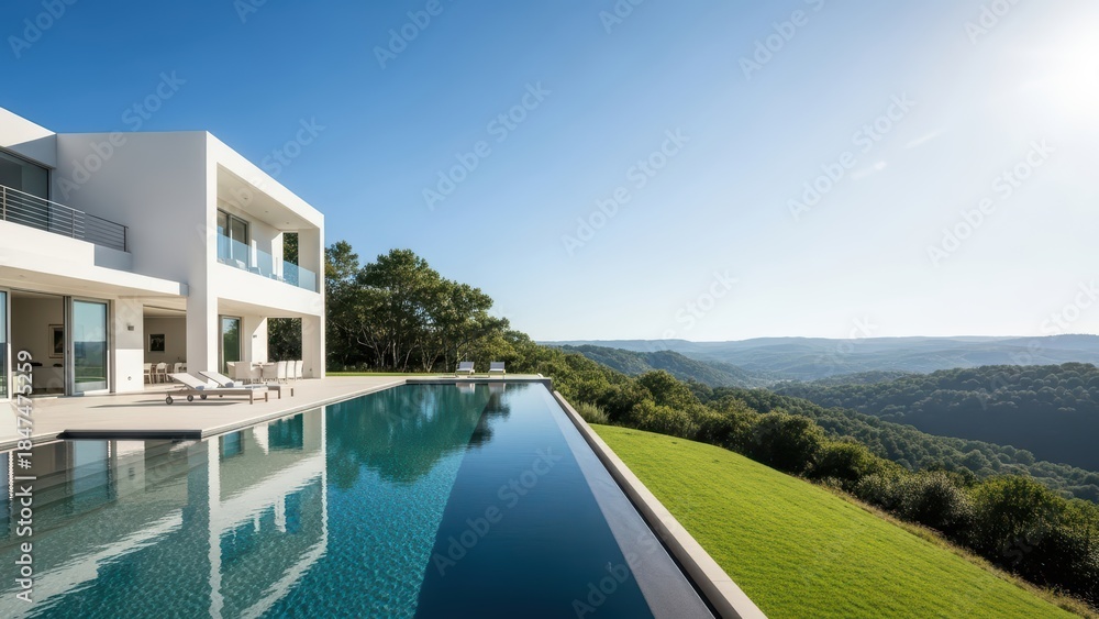 Fototapeta premium Modern luxury villa with infinity pool and scenic mountain views in serene landscape