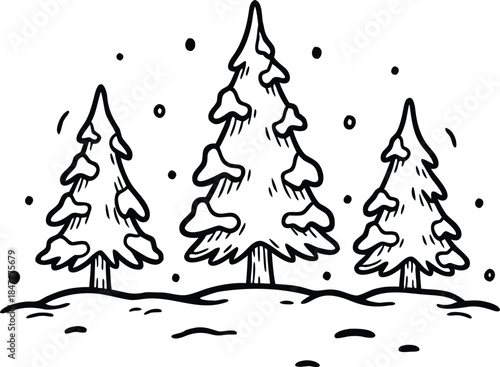 Snowy landscape with three pine trees in a serene winter scene from a distant viewpoint