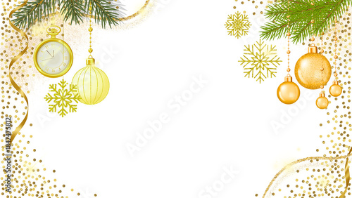 PNG image with text of Festive golden border design featuring hanging ornaments snowflakes pine branches and a vintage pocket watch against on transparent background