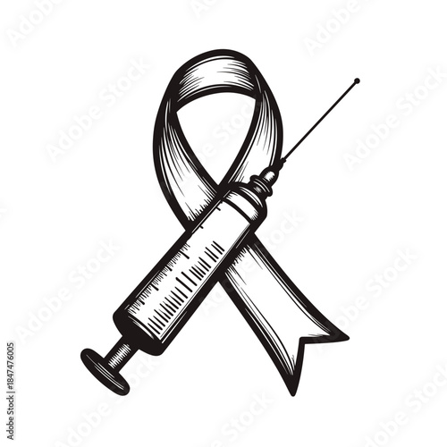 Vaccine syringe forming ribbon shape, healthcare and medical awareness in immunization