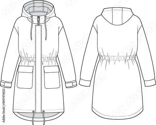 Women hooded parka coat technical cad drawing, front and back view flat vector illustration, winter outerwear garment blueprint design apparel