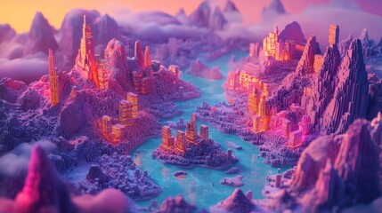 Papier peint photo Prune A vibrant fantasy landscape emerges in this stunning AI-generated scene. The colorful mountains and rivers create a dreamlike world filled with wonder. Generative AI  © Olsek