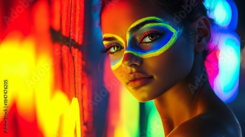 A mesmerizing portrait of a young woman set against vibrant neon lights. Her face is decorated with colorful patterns. A beautiful fusion of art and emotion. Generative AI