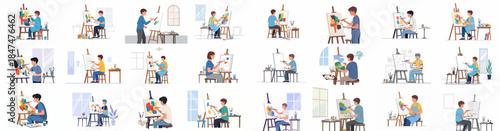 Diverse collection of illustrations showing young artists painting on easels, engaging in creative hobbies and fine art in studio environments.