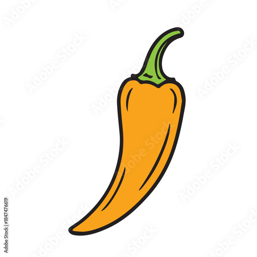 A clean simple vector depicts a yellow chili pepper using minimal elements, focusing on form and vibrant color to represent spice, flavor, and fresh food design concepts.