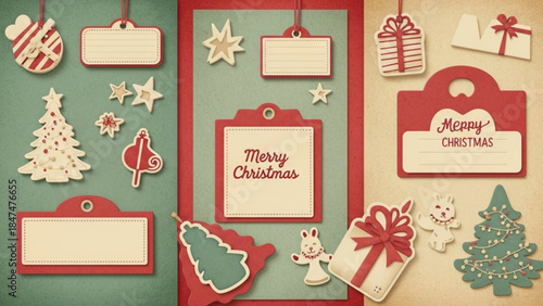Christmas gift tags and ornaments festive holiday design elements for seasonal greetings and decorations isolated on textu