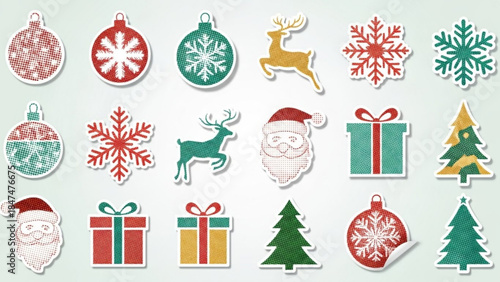 Christmas ornaments snowflakes Santa reindeer and trees festive holiday icons for winter celebration design isolated on li