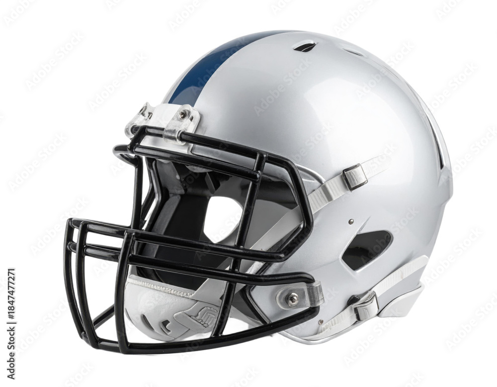 Naklejka premium A silver football helmet featuring a dark blue central stripe and a protective black facemask, seen from a three-quarter side angle.