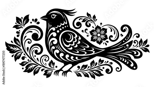 Ornate black vector illustration of a vintage floral ornament featuring abstract flower swirls and bird silhouettes in a decorative tattoo design style