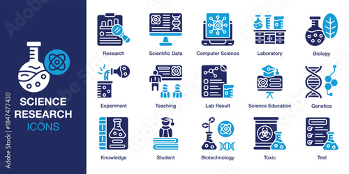 Science Research Icon set. Containing chemistry, biology, physics, microscope, testtube, beaker and more. Solid vector icons collection. Vector illustration.