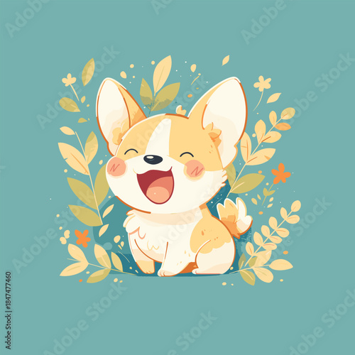 Adorable Happy Corgi Puppy Surrounded by Gentle Botanical Elements.