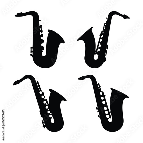 Stylized saxophone silhouettes icon set for music and jazz art