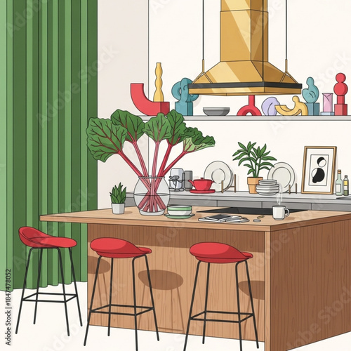 Modern kitchen interior with island bar stools and decorative objects contemporary home design illustration for lifestyle con