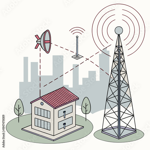 Cellular network communication system with satellite and tower