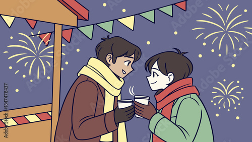 Two cartoon men enjoying hot drinks at a festive outdoor event with fireworks