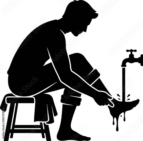Muslim Wudu Silhouette Vector. Person Performing Ablution Washing Feet Before Prayer Illustration