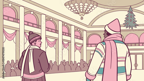 Two men in winter clothing standing in a large decorated hall with people