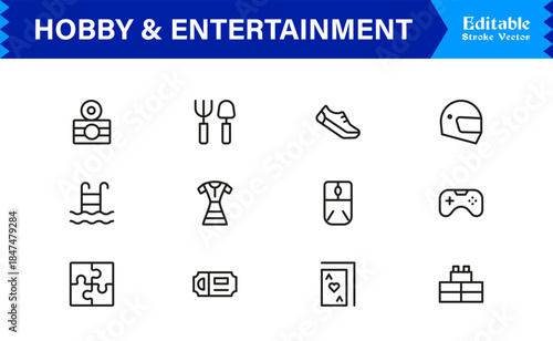 Hobby And Entertainment Line Icon Set Featuring Modern Minimal Unique Editable Pixel-Perfect Icons For Creative Projects And Digital Use