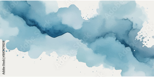 Abstract watercolor texture of blue summer sky with fluffy white clouds, bright and beautiful nature background