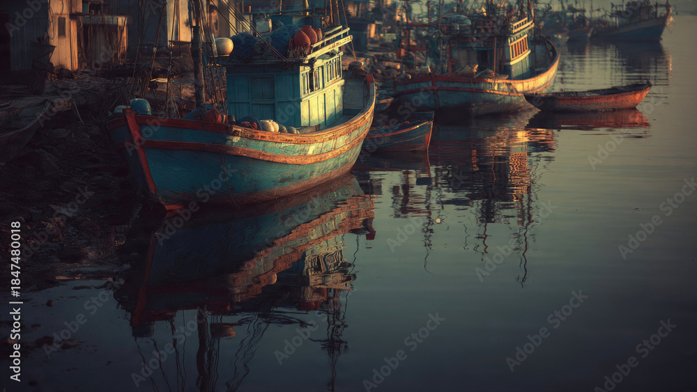 Obraz premium Fishing Boats Docked at Sunset