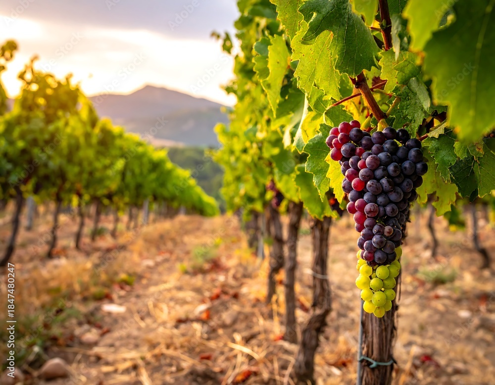 Naklejka premium Close-up of grapes on vine in a vineyard at sunset