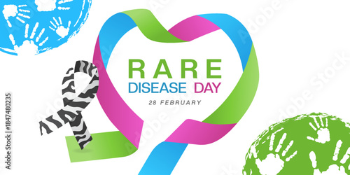 February 28 is Rare Disease Day. Heart shape ribbon. Great for cards, banners, posters, social media and more. White Background