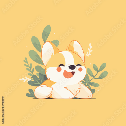 Adorable Happy Corgi Puppy Lying Down with Green Leaves.