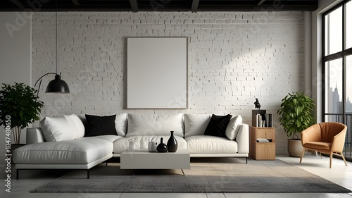 Beautiful and large living room interior with hardwood floors, fluffy rug and designer furniture. Modern mid century and minimalist interior of living room 