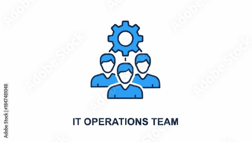 IT operations team with a gear and three abstract people represents the collaborative effort and technical expertise required for efficient information technology management and support
