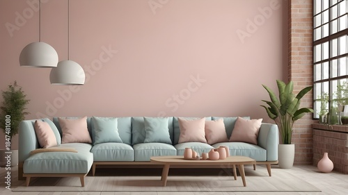 Beautiful and large living room interior with hardwood floors, fluffy rug and designer furniture. Modern mid century and minimalist interior of living room 