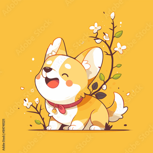 Happy Corgi Puppy with Spring Flowers on a Yellow Background.
