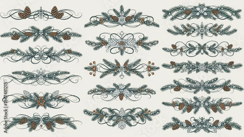 Collection of vintage Christmas ornaments with pine cones and fir branches decorative elements for holiday design isolated