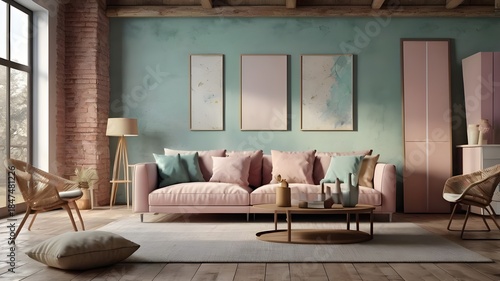 Beautiful and large living room interior with hardwood floors, fluffy rug and designer furniture. Modern mid century and minimalist interior of living room 