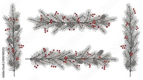 Christmas pine branch decorations with pine cones and red berries festive winter elements for holiday design isolated on w
