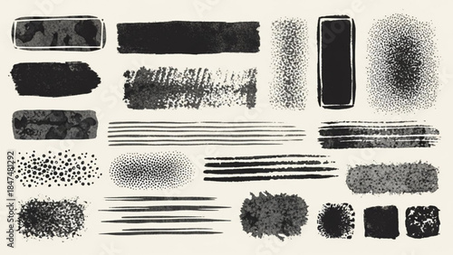 Collection of grunge brush strokes and textured elements abstract ink splatters and distressed overlays for graphic design
