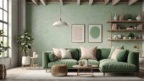 Beautiful and large living room interior with hardwood floors, fluffy rug and designer furniture. Modern mid century and minimalist interior of living room 