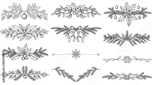 Christmas decorative borders and dividers hand-drawn winter foliage elements for holiday design isolated on white