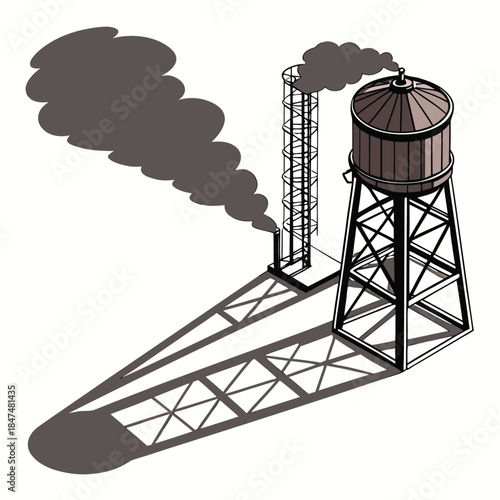 Industrial water tower with smoke stack metal structure