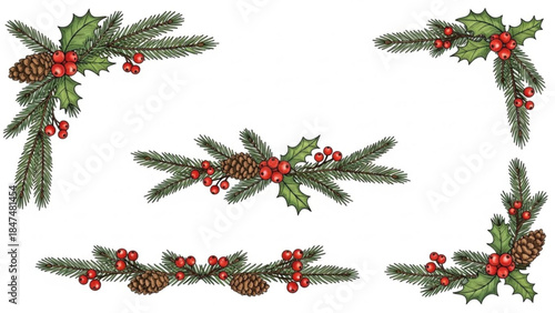 Christmas corner and border elements festive pine branches with holly berries and pinecones isolated on white background
