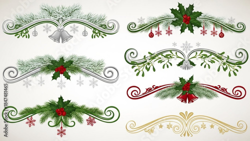 Collection of festive Christmas borders and dividers decorated with pine branches holly mistletoe bells and snowflakes ide