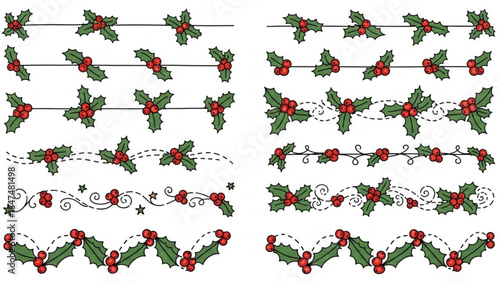 Christmas holly berry borders and dividers festive decorative elements for holiday design isolated on white background