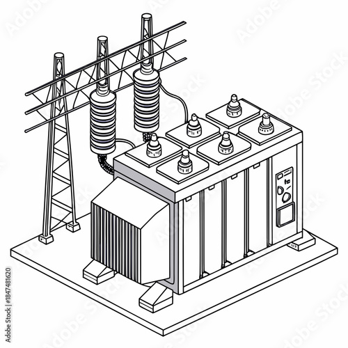 Hydroelectric transformer layout with power lines and insulators